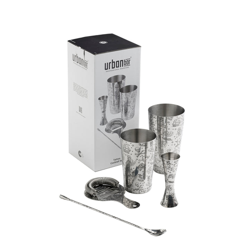 Tiki Stainless Steel 5 Piece Cocktail Set Tin-on-Tin Shaker, Jigger, Spoon and Strainer - Urban Bar