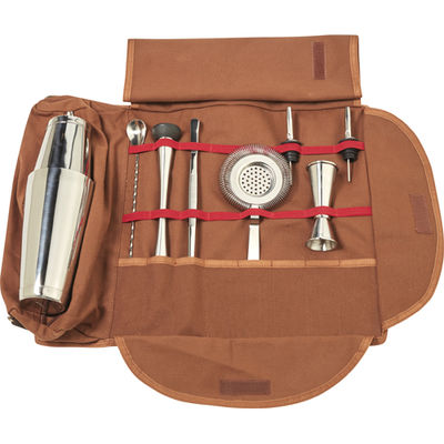 [BG-01-S] Sac de Barman marron Complet – Kit Professionnel de Mixologie (inox)