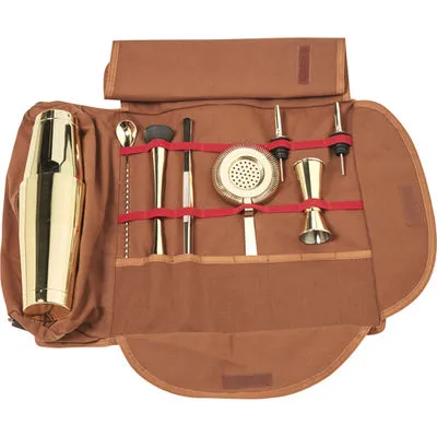 [BG-01-G] Sac de Barman marron Complet – Kit Professionnel de Mixologie (Or)