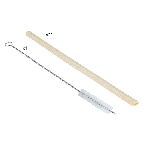 Pailles en Bambou naturel droites 8mmx20cm + brosse (x20)
